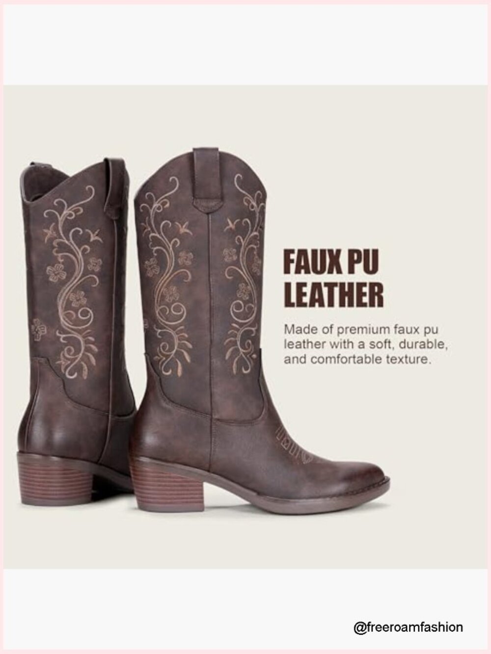 Floral Embroidered Cowboy Boots Mid Calf Pointed Toe Chunky Heel - Picture 6 of 7